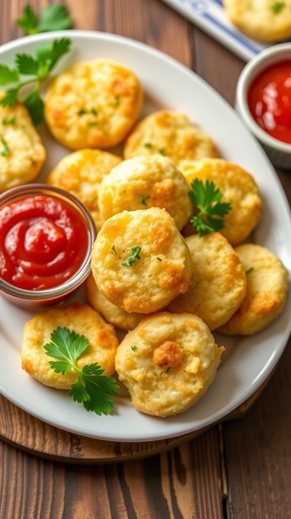 Crispy Parmesan bread bites on a plate, garnished with parsley, served with marinara sauce.